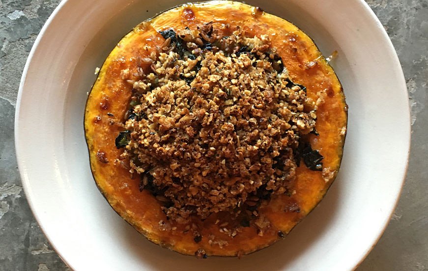 Roasted Crown Prince Squash with Spelt, Cavolo Nero & Tunworth.